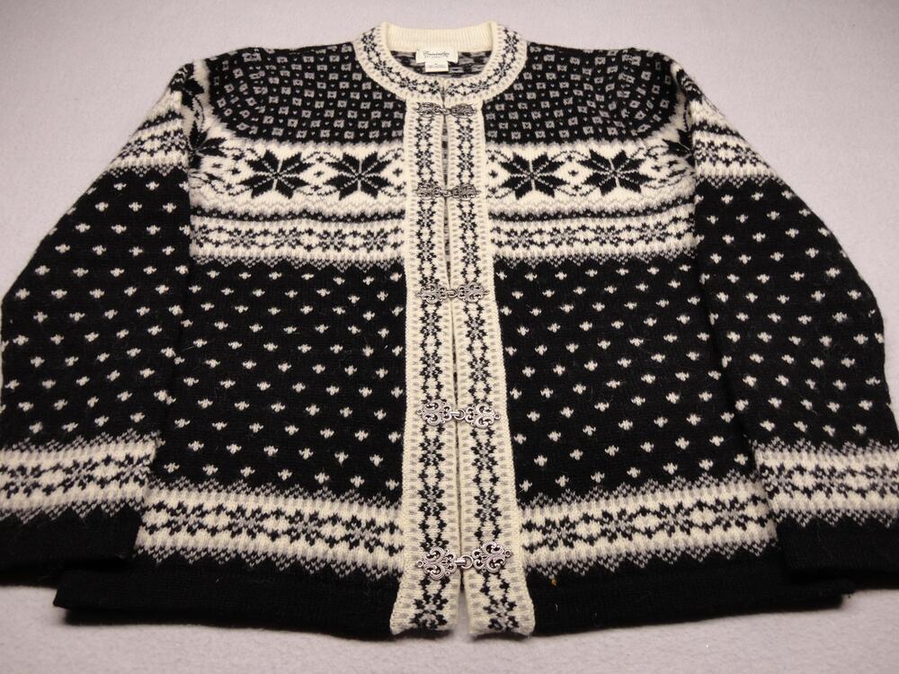 Cambridge Dry Goods Sweater Cardigan Womens Small Black 100% Wool Fair Isle Ski